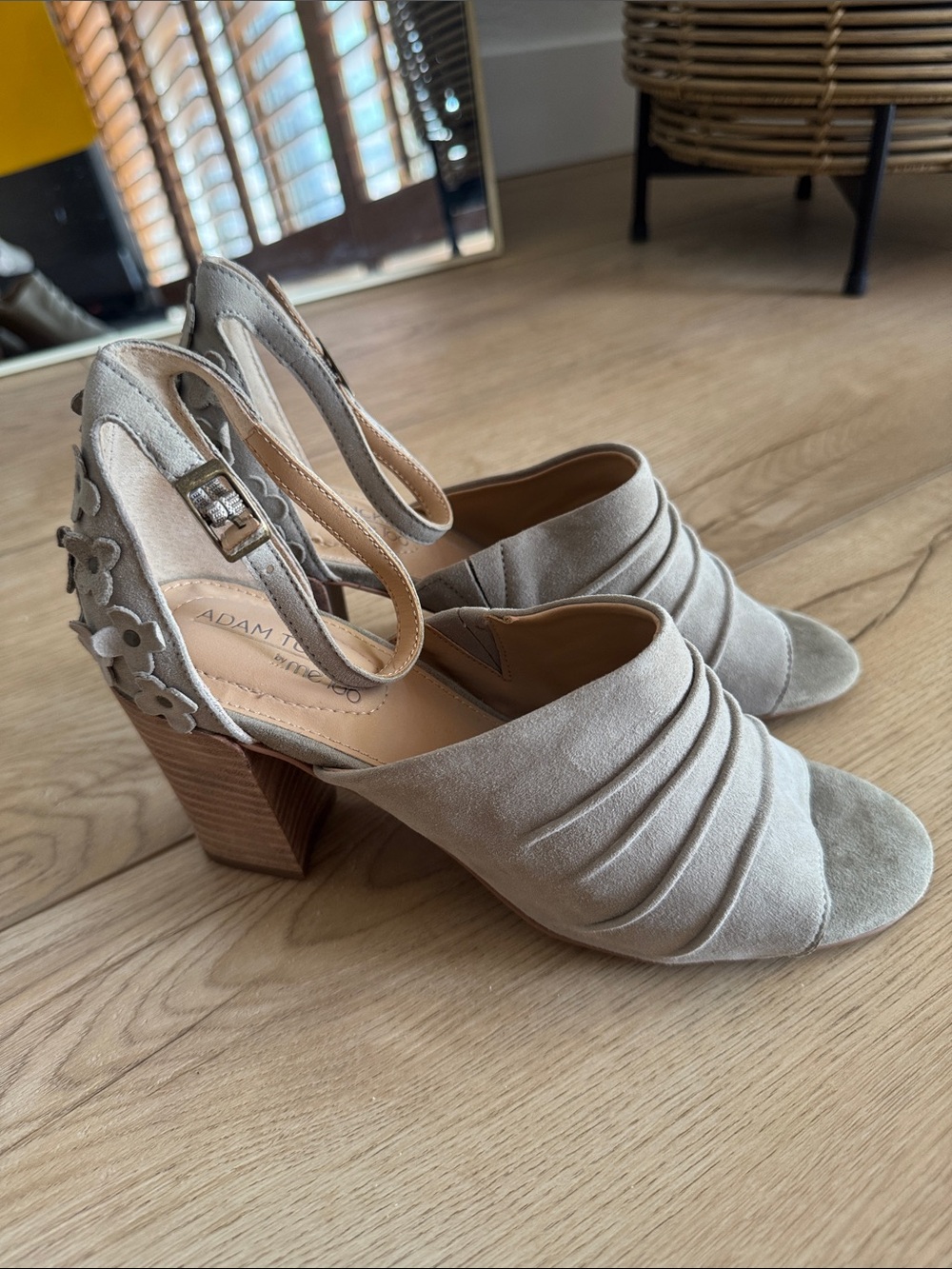 Adam Tucker Taupe Suede Ruched Block Heel Sandals with Floral Heel Accent
